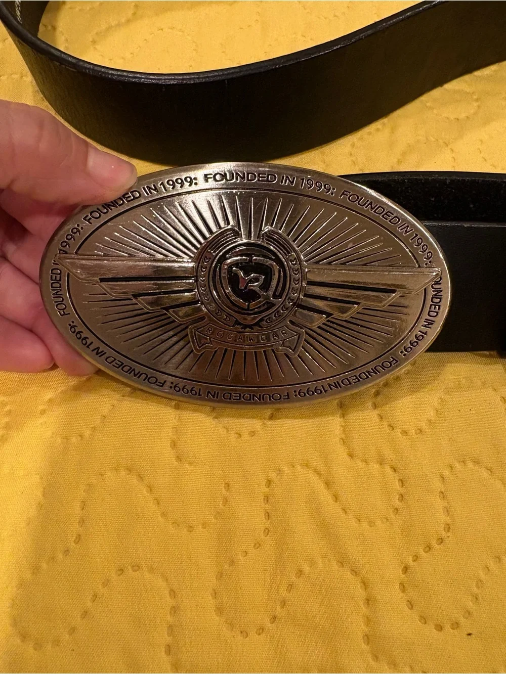Vintage Black Belt with Silver Oval Emblem Buckle